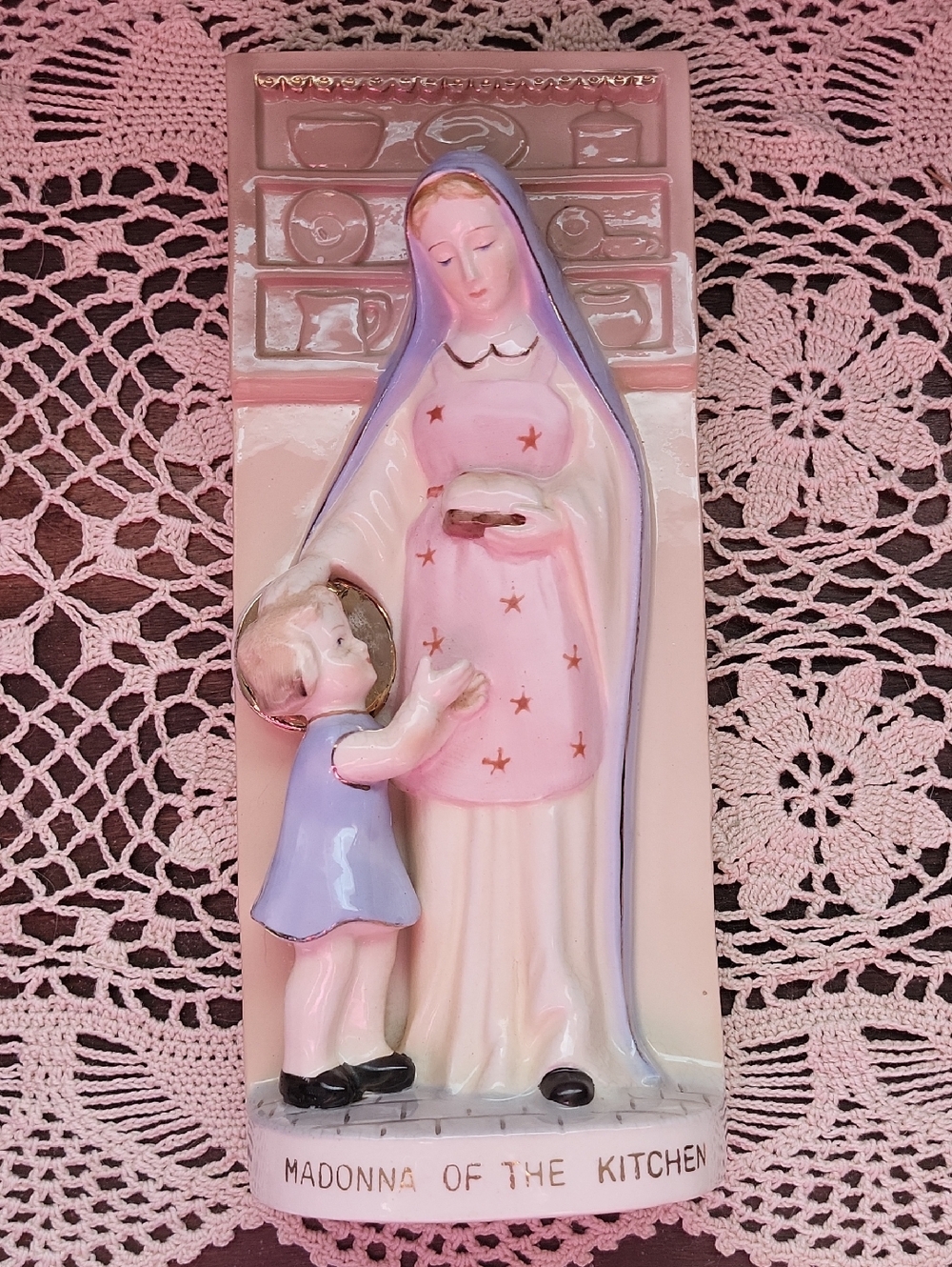 Madonna of the Kitchen Pink Porcelin Wall Plaque Japan 1953